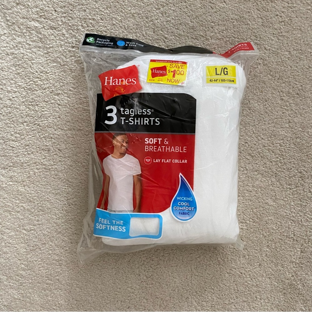 Hanes Men’s 3-Pack Tagless T-Shirts White Size L Soft Breathable